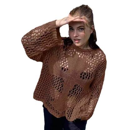 Damen Strickpullover Luftig Offenes Netzdesign Beige