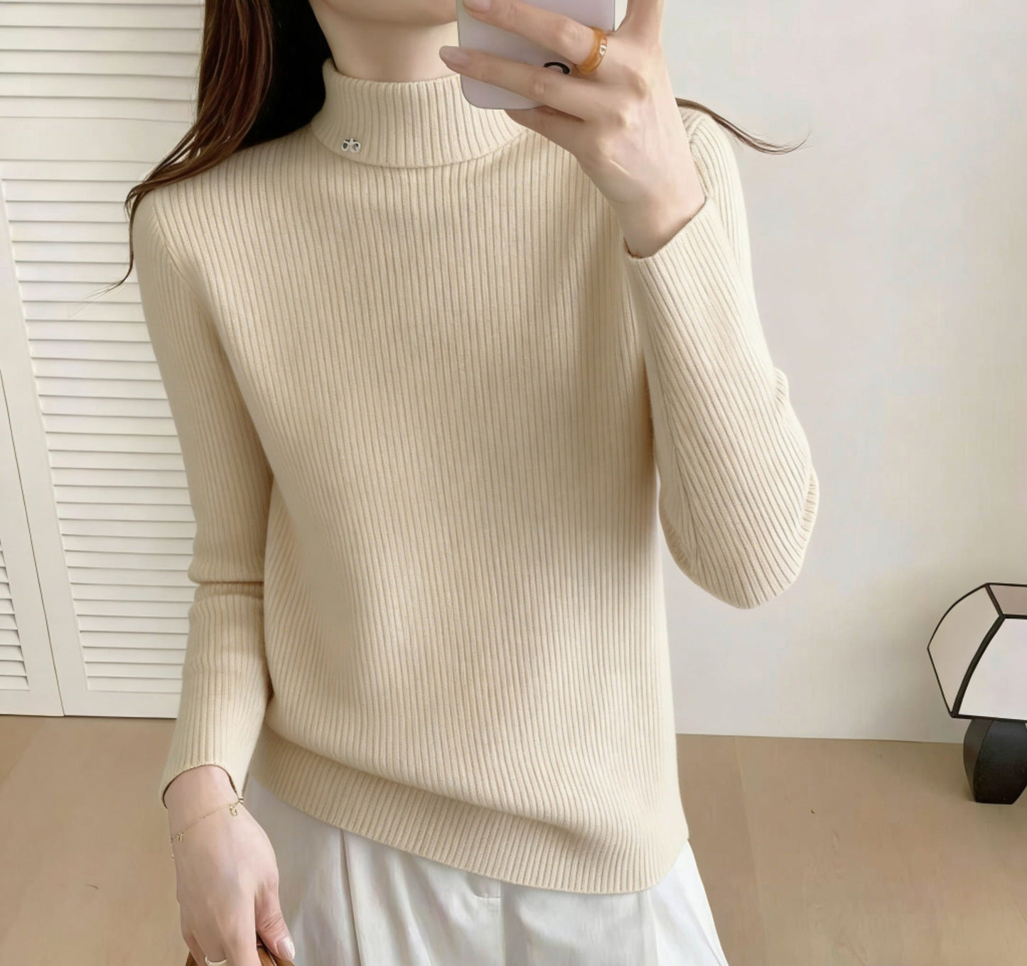 Damen Rippenpullover Stehkragen Eveloria