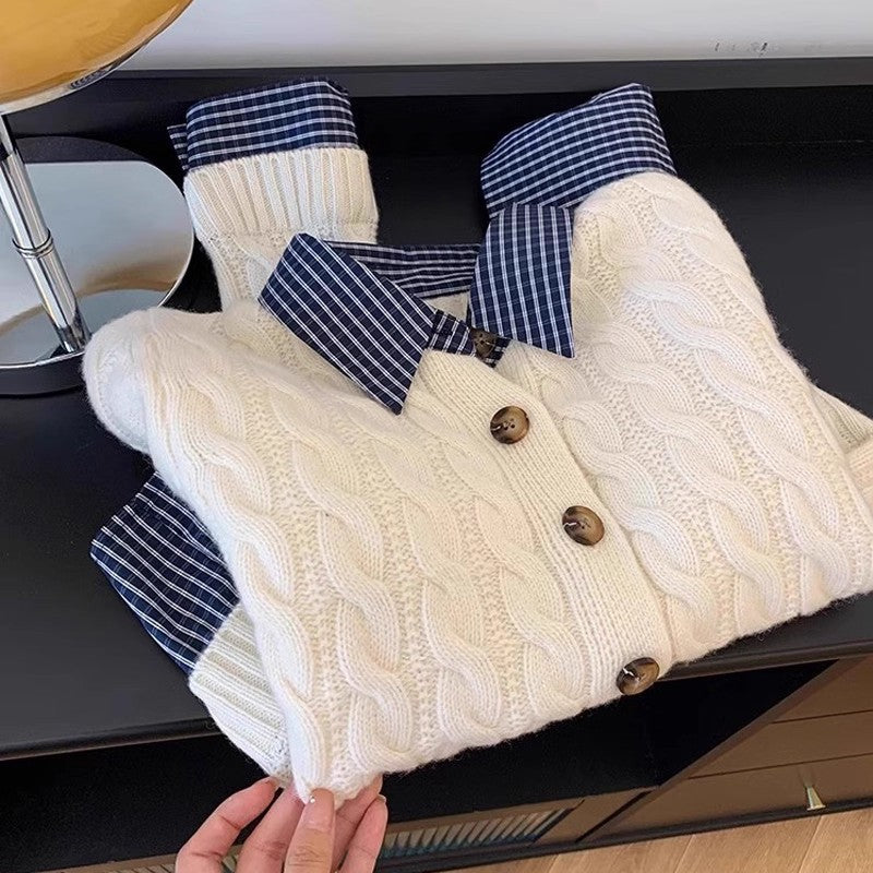 Damen Strickjacke Karostoffkragen Knöpfe Beige
