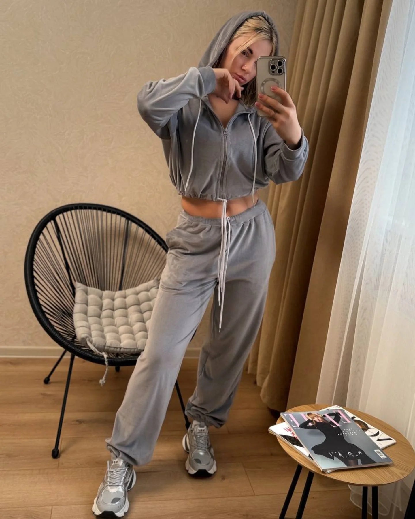 Damen Veloursanzug Mit Kapuze Cropped Freizeitanzug