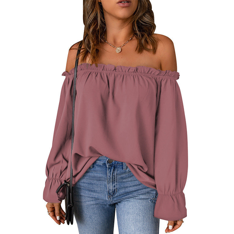 Damen Off-Shoulder Bluse Volantärmel Dekorativer Saum Eveloria