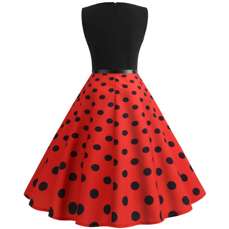 Damen A-Linien Kleid mit Punkten und Taillengürtel
