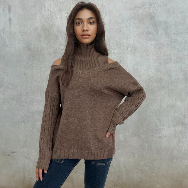 Damen Pullover Schulterfrei Zopfmuster Eveloria