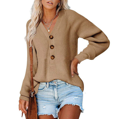 Damen Pullover V-Ausschnitt Holzknöpfe Eveloria