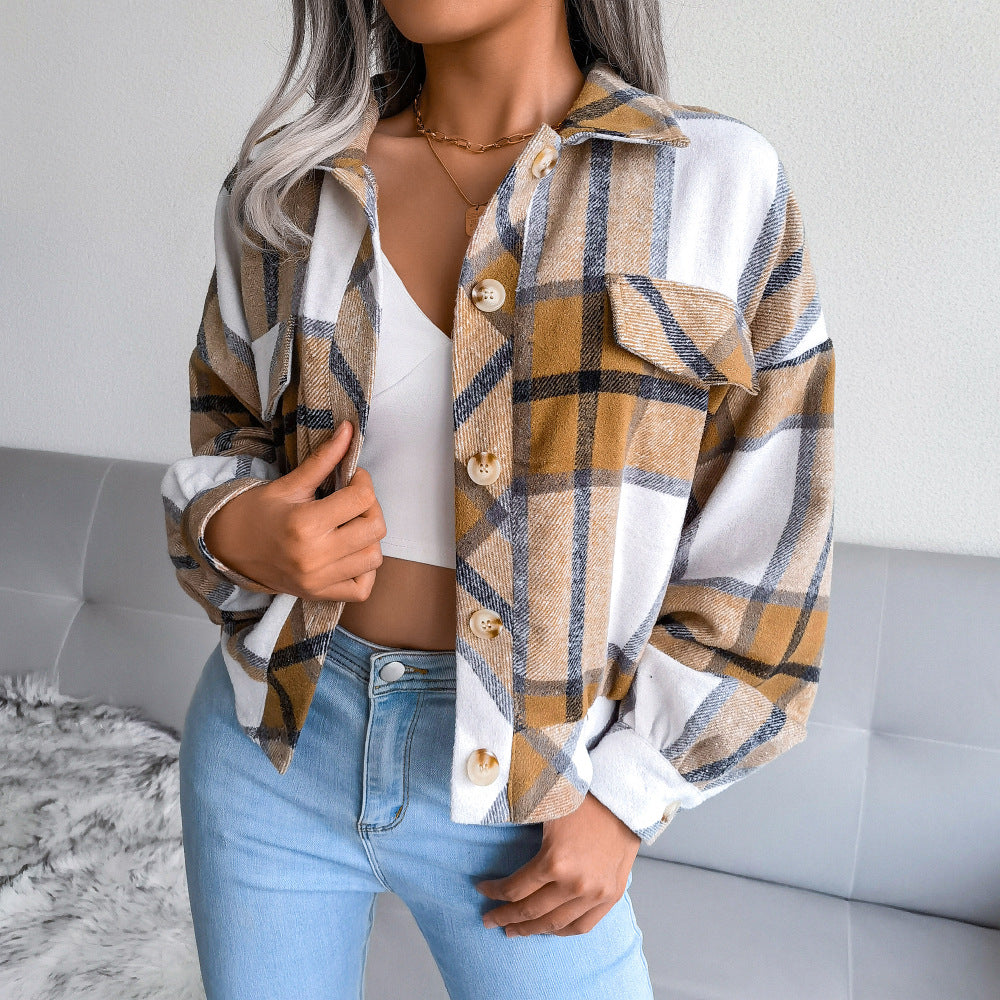 Damen Karo Overshirt mit Druckknöpfen und Brusttaschen