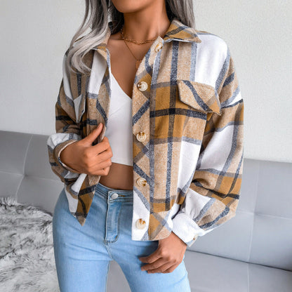 Damen Karo Overshirt mit Druckknöpfen und Brusttaschen