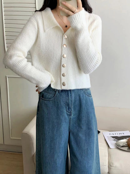 Damen Kurzstrickjacke V-Ausschnitt mit Knöpfen