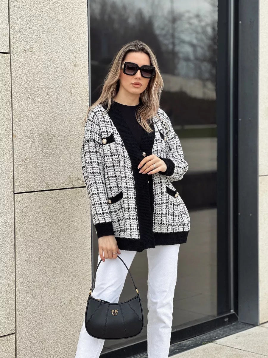 Damen Strickjacke Karomuster Mit Taschen