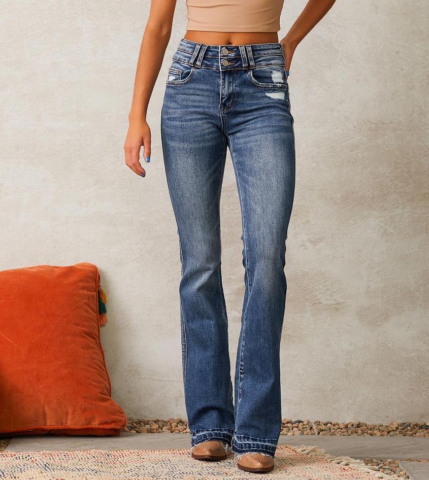 Damen Hochtaillierte Flared Jeans Destroyed Details Blau
