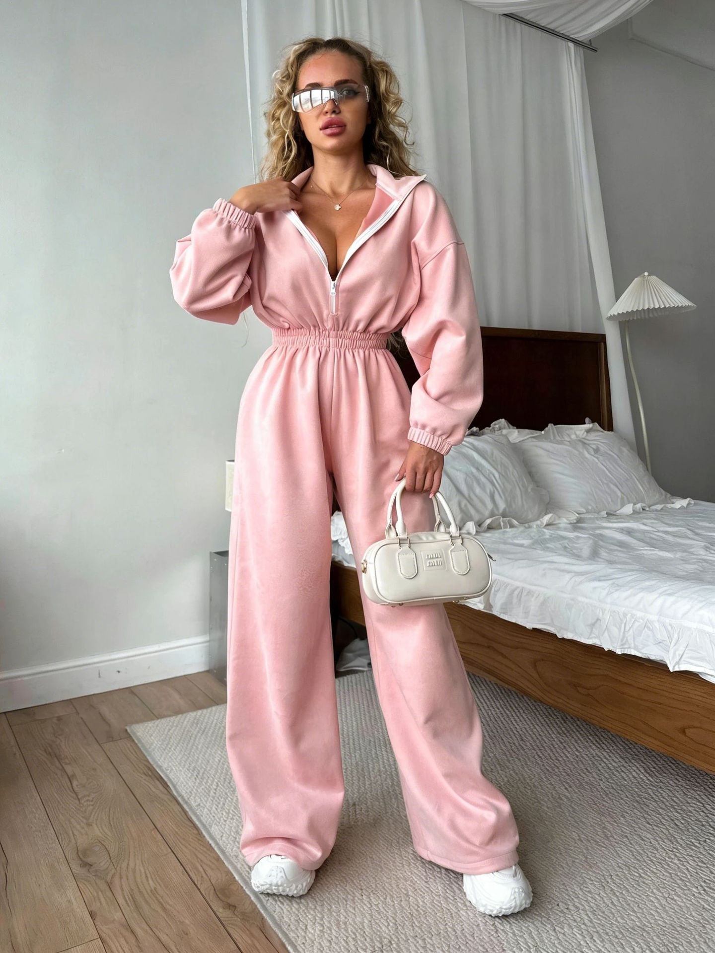 Damen Fleece-Overall Hochkragen Gummizug Eveloria