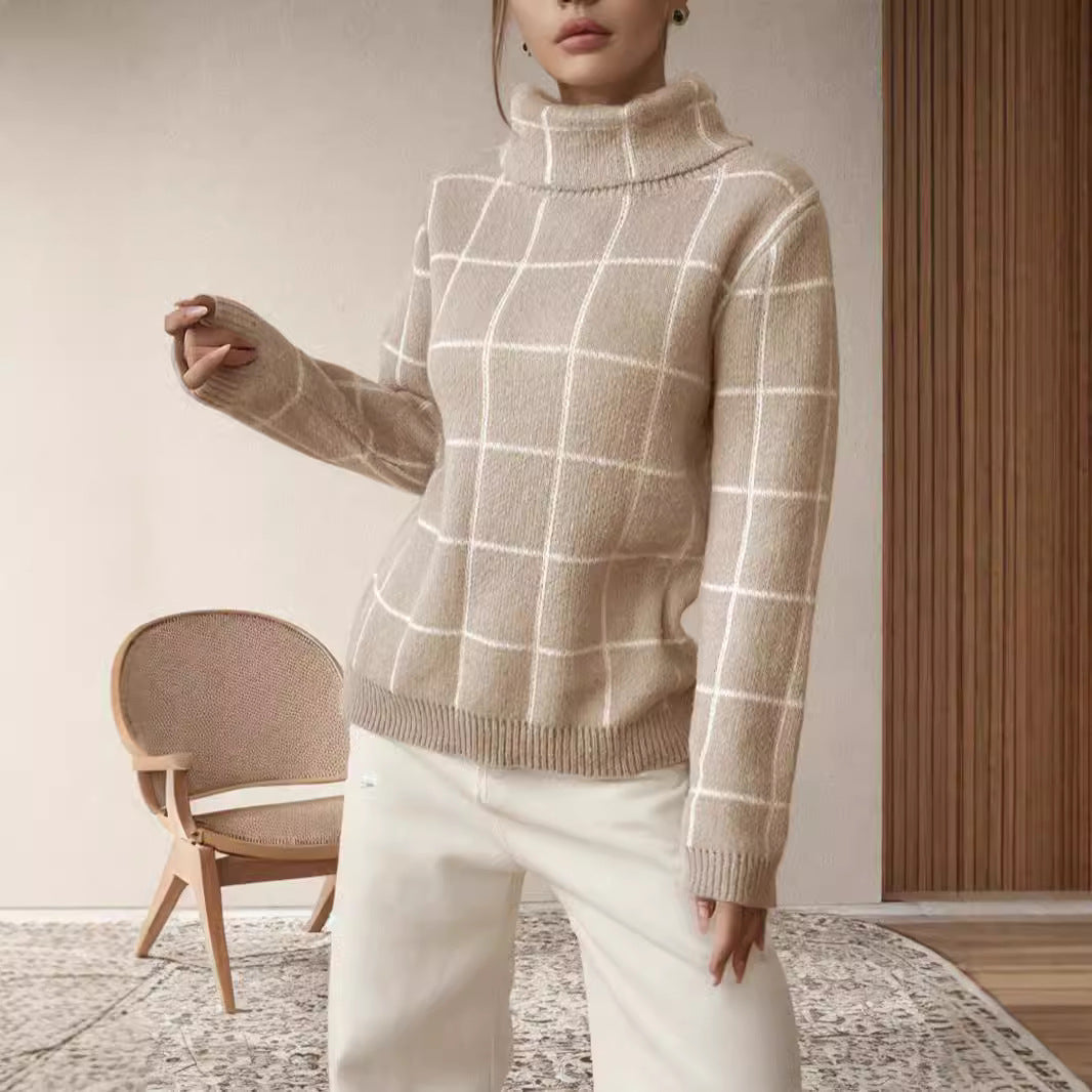 Damen Pullover Grobstrick Karomuster Hochkragen Beige