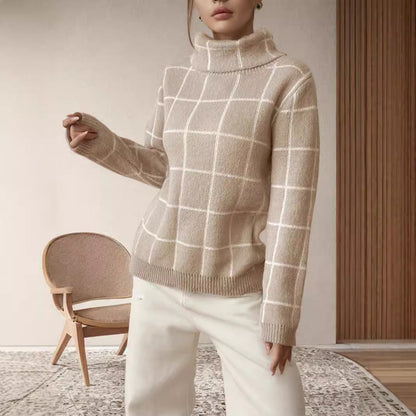 Damen Pullover Grobstrick Karomuster Hochkragen Beige