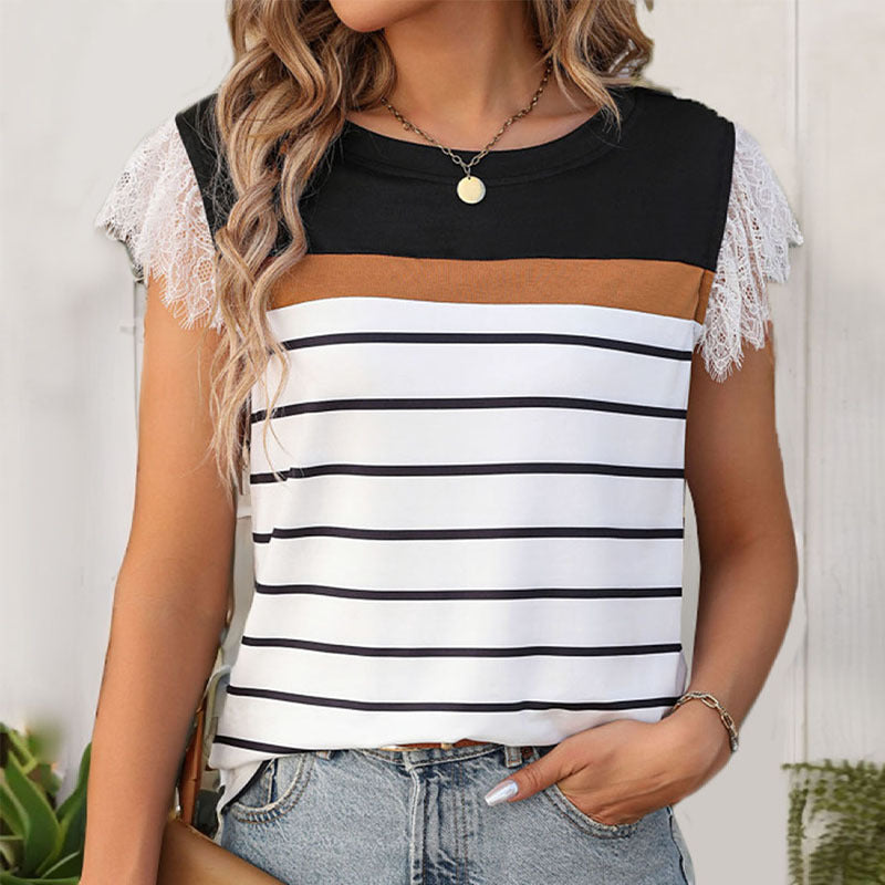Damen T-Shirt Spitzenärmel Gestreift Weiss