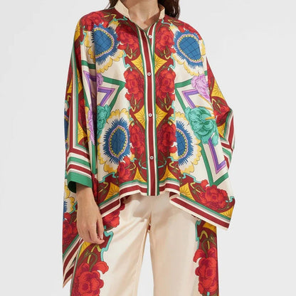 Damen Kaftan-Oberteil Floralmuster mit Knöpfen Eveloria