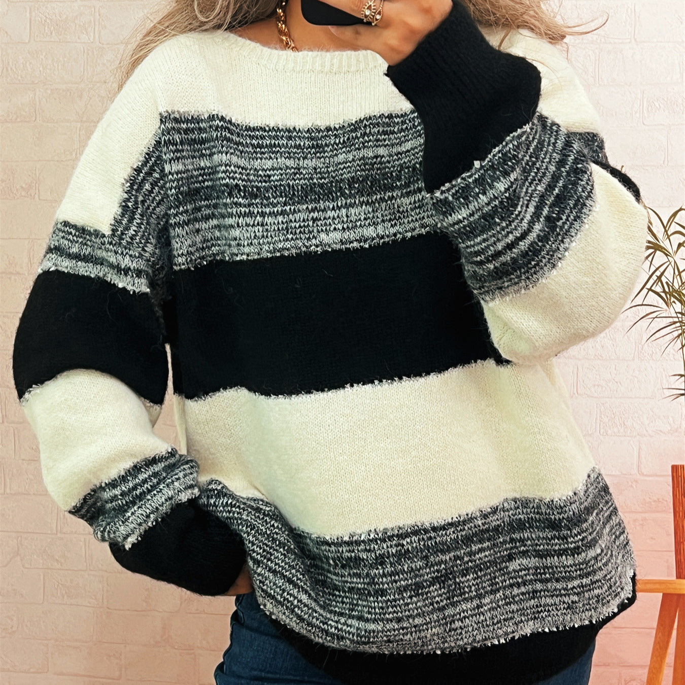 Damen Oversized-Pullover Streifenmuster Lässig Grau - Eveloria