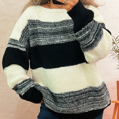 Damen Oversized-Pullover Streifenmuster Lässig Grau - Eveloria