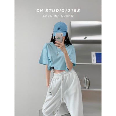 Damen T-Shirt Cropped Baumwolle Lässig Weiß
