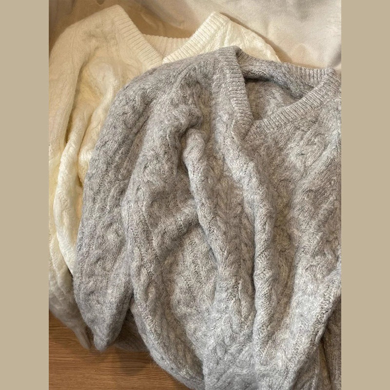 Damen Grobstrickpullover V-Ausschnitt Zopfmuster Eveloria - Eveloria