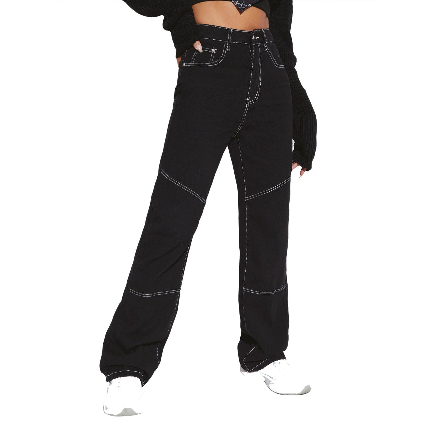 Damen High-Waist Jeans Breit Kontrastnähte Eveloria