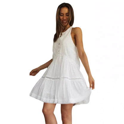 Damen Sommerkleid Boho-Stil Spitze Verspielter Saum Beige