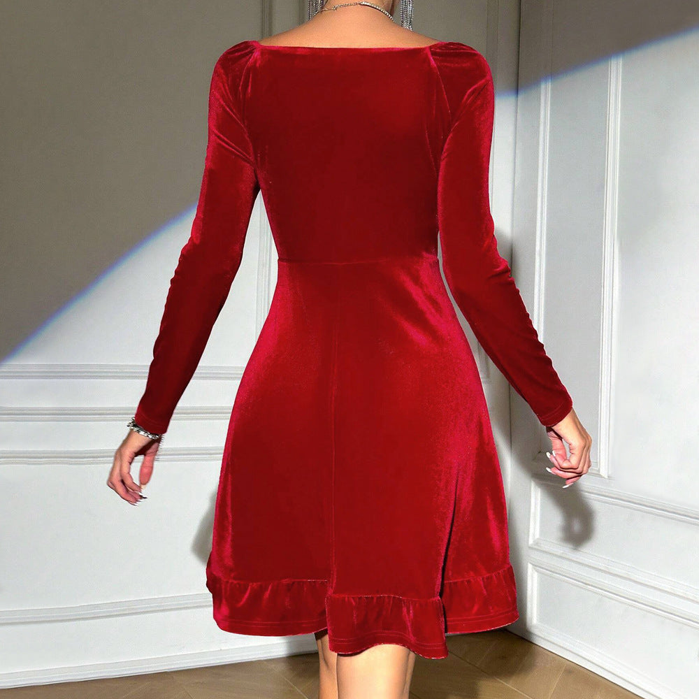Damen Samt Midi-Kleid V-Ausschnitt Rüschen