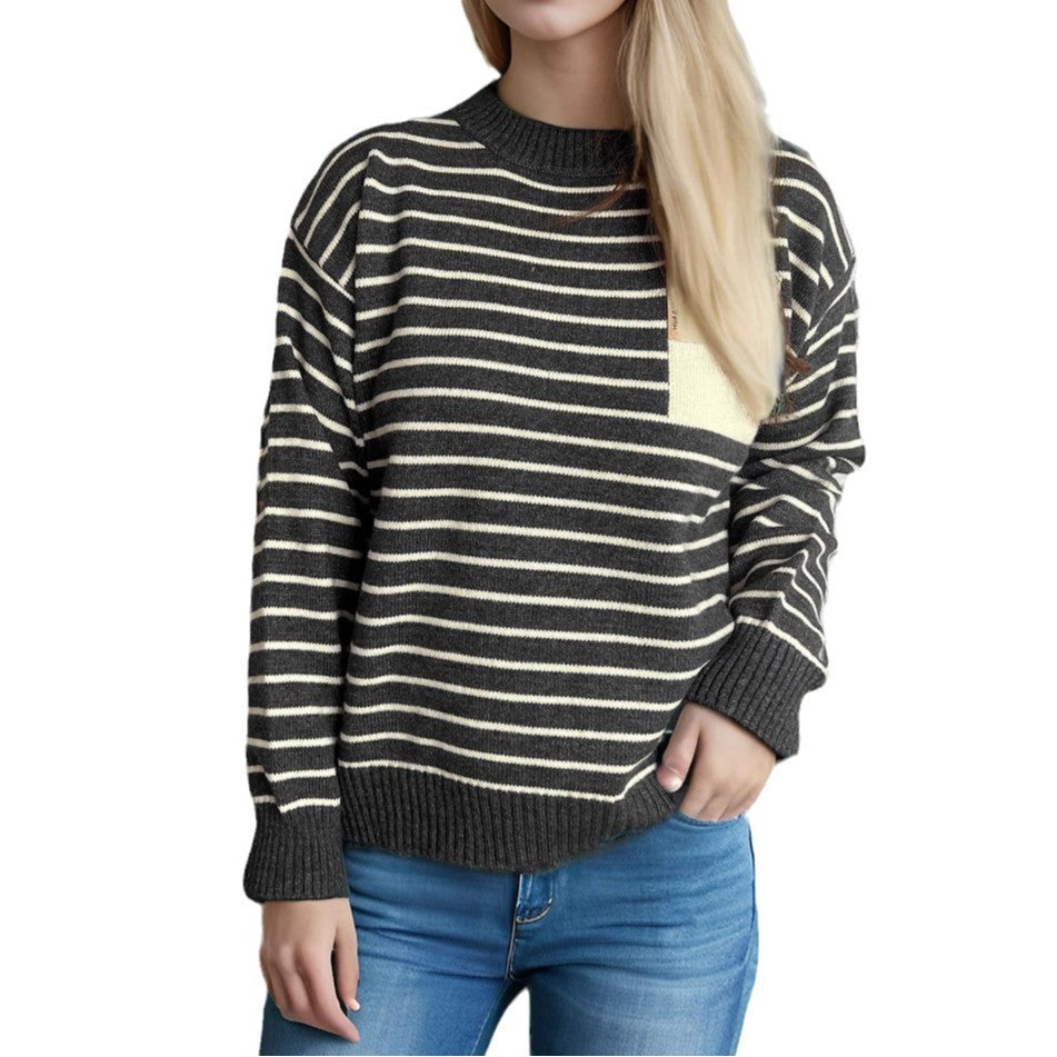 Damen Pullover Gestreift Lässig Breite Ärmel Grau Eveloria