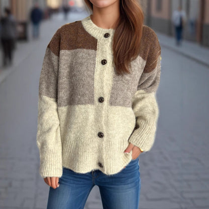 Damen Strickjacke Kuschellig Farbblockdesign Dekorative Knöpfe Beige