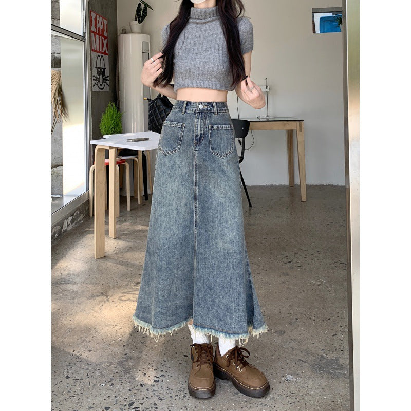 Damen Langer Jeansrock mit Fransen Saum Schwarz Eveloria - Eveloria