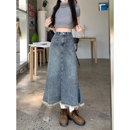 Damen Langer Jeansrock mit Fransen Saum Schwarz Eveloria - Eveloria