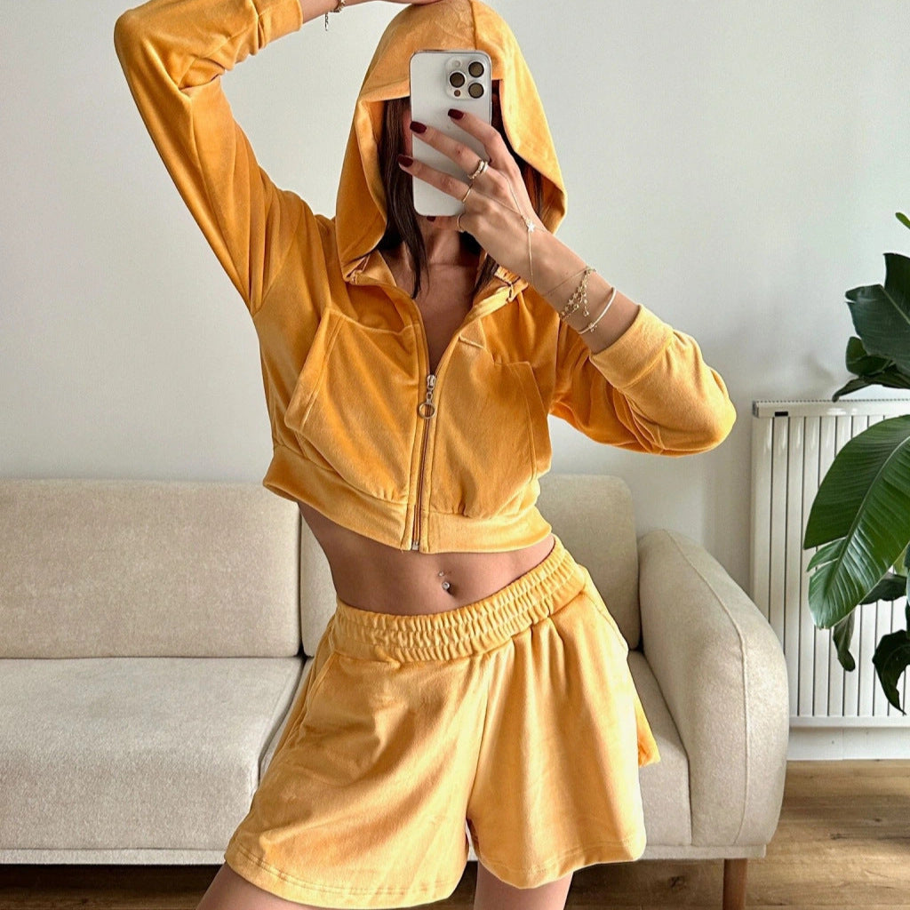 Damen Fleece-Set Cropped Hoodie Bequeme Shorts
