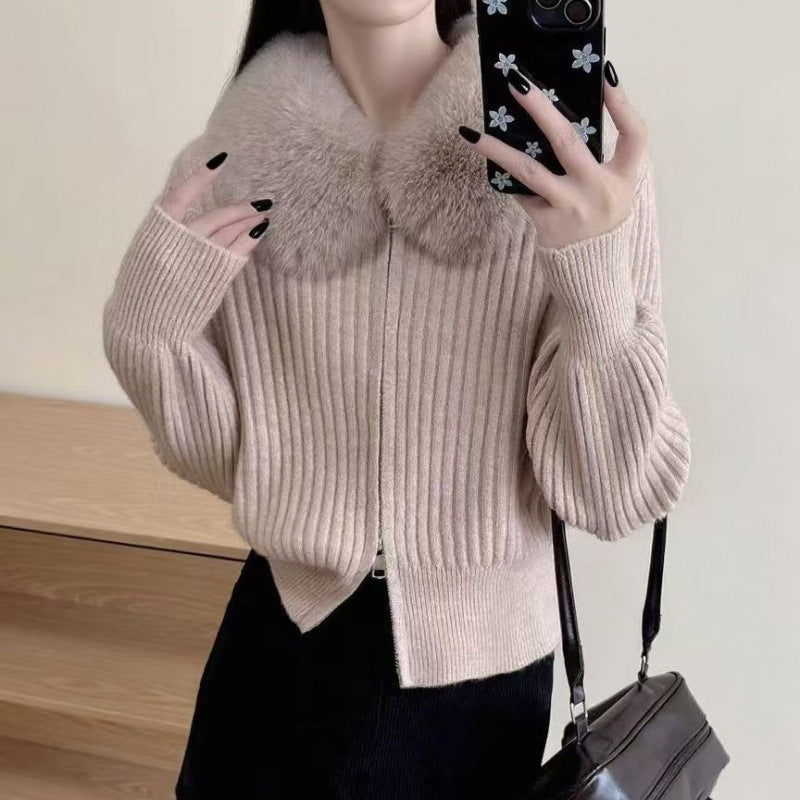 Damen Strickjacke Kunstfellkragen Rippstruktur