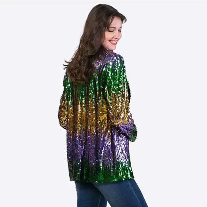 Damen Glitzerjacke Pailletten Langer Arm Offener Schnitt Eveloria