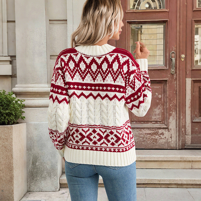 Damen Pullover Norweger Muster Hochgeschlossener Kragen Eveloria