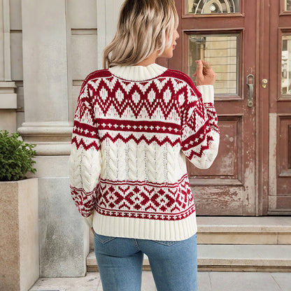 Damen Pullover Norweger Muster Hochgeschlossener Kragen Eveloria