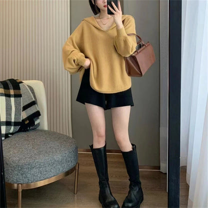 Damen Strickpullover Oversized V-Ausschnitt Kapuze Eveloria