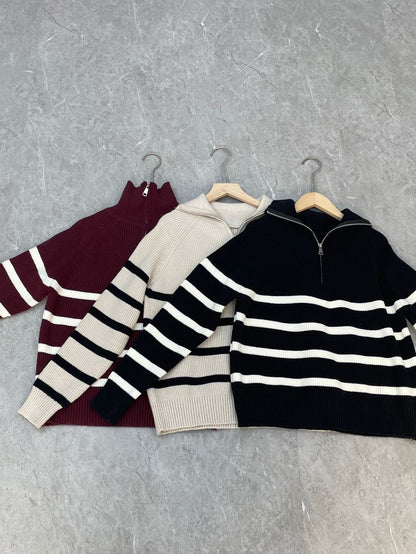 Damen Pullover Streifenmuster mit Reißverschluss Eveloria
