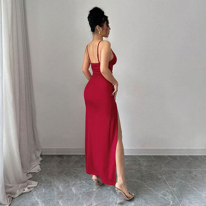 Damen Maxikleid V-Ausschnitt Hochschlitz Eveloria