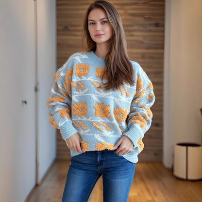 Damen Strickpullover Kuscheliger Floralmuster 3D-Applikationen