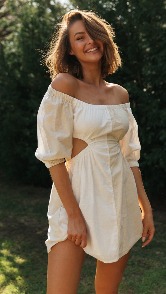 Damen Minikleid Off-Shoulder Cut-Outs Puffärmel
