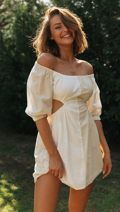 Damen Minikleid Off-Shoulder Cut-Outs Puffärmel