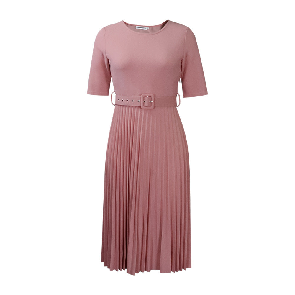 Damen Plissiertes Kleid mit Taillengürtel Kurzärmelig Eveloria