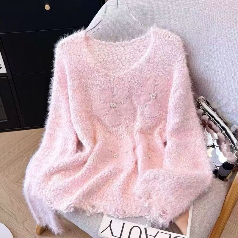 Damen Pullover Kuschelfleece Floralmuster Beige