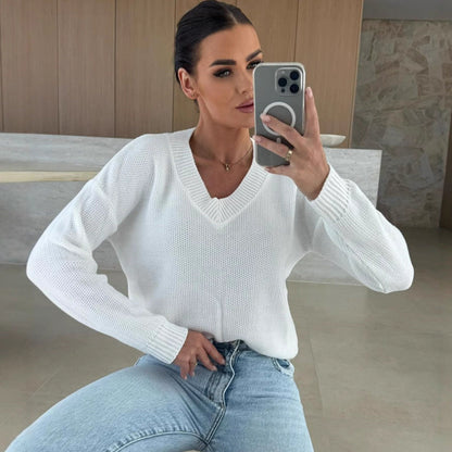 Damen Strickpullover V-Ausschnitt Strukturiert Anthrazit Eveloria