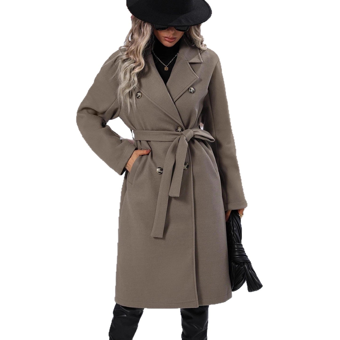 Damen Oversized-Mantel Doppelter Knopfleiste Gürtel Eveloria