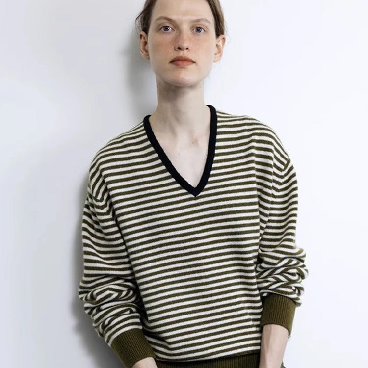 Damen Pullover V-Ausschnitt Streifen Merino Eveloria - Eveloria