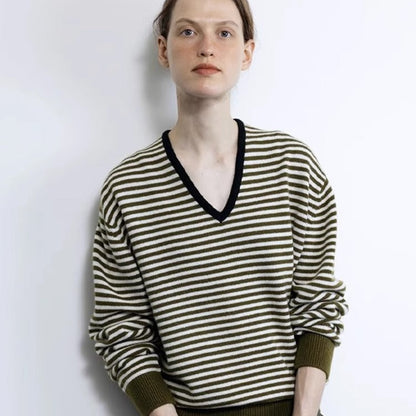 Damen Pullover V-Ausschnitt Streifen Merino Eveloria - Eveloria