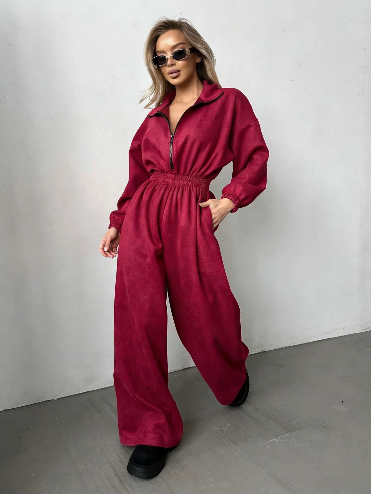 Damen Fleece-Overall Hochkragen Gummizug Eveloria