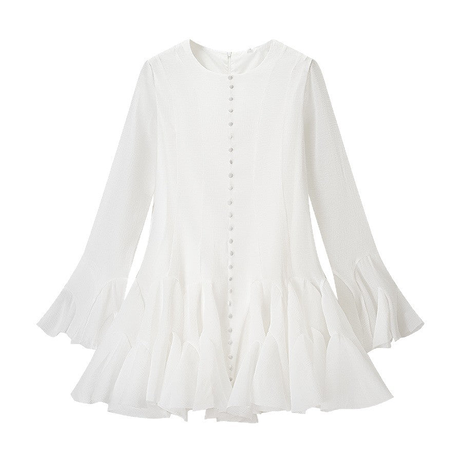 Damen Volantkleid Länge Langärmelig Knöpfe Eveloria