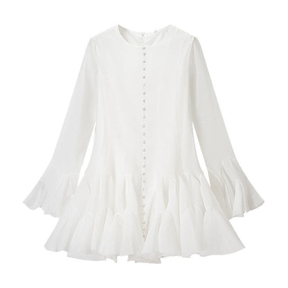 Damen Volantkleid Länge Langärmelig Knöpfe Eveloria