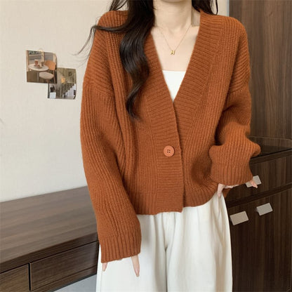 Damen Strickjacke V-Ausschnitt Großknöpfe Beige